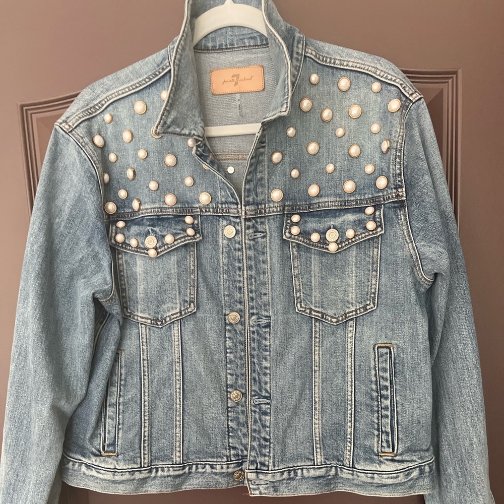 7 for all Mankind faux pearl embellished denim jacket. Perfect condition.